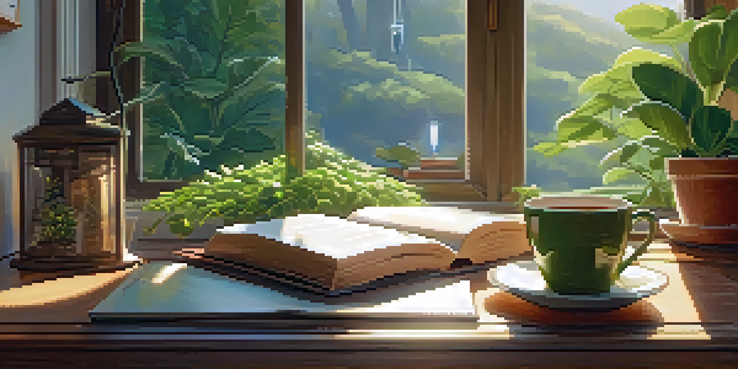 A warm workspace with a wooden desk, an open journal, a steaming cup of tea, and sunlight streaming through a window.
