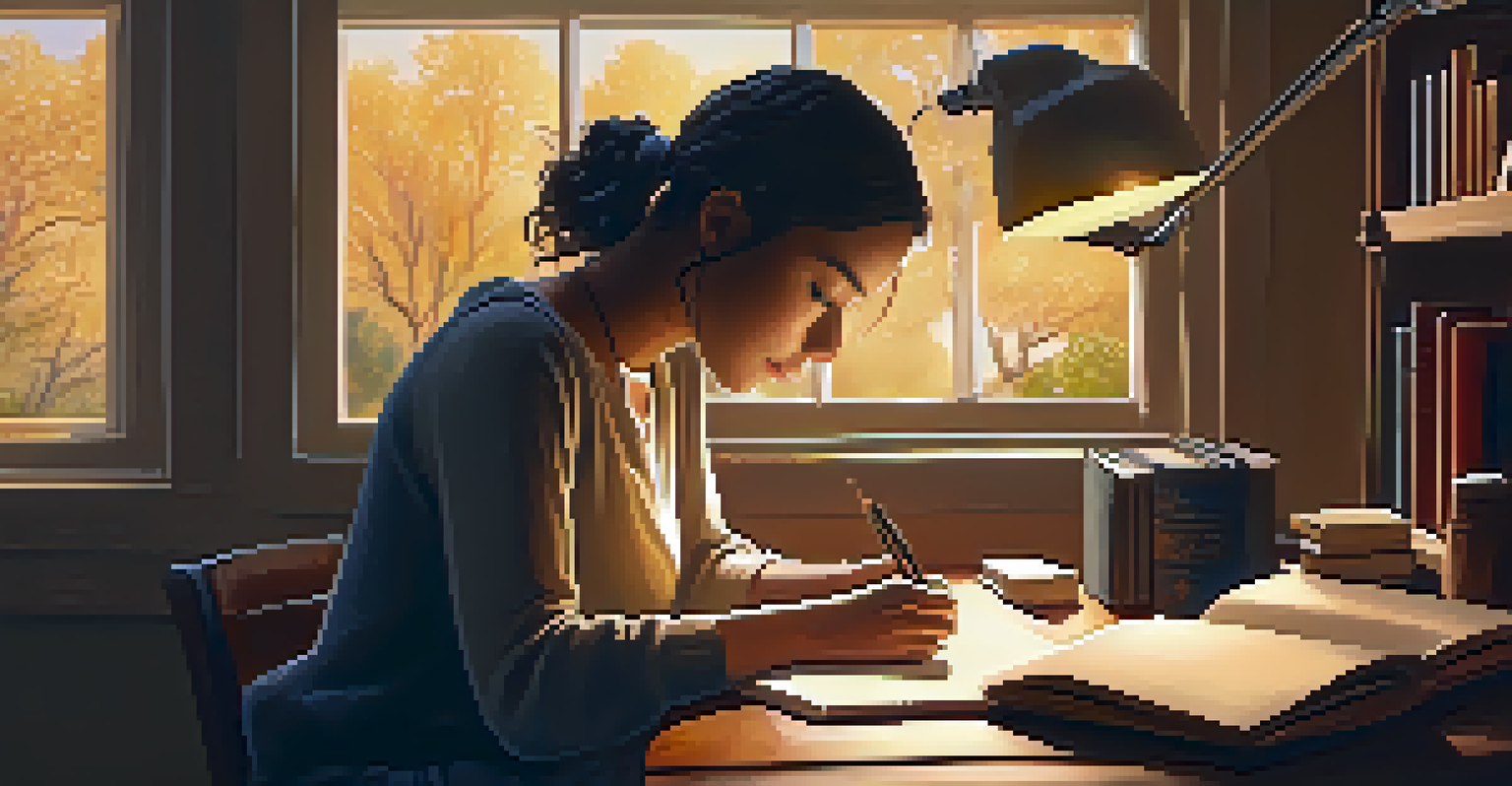 A person at a desk, studying with books and a laptop, illuminated by a warm desk lamp, with a nature view outside the window.