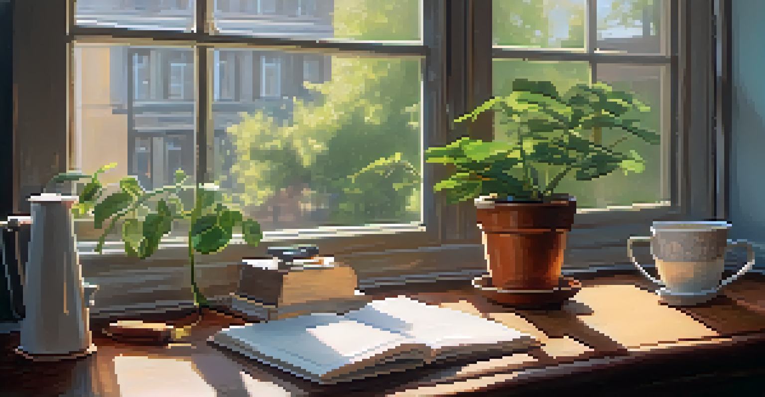 A cozy workspace featuring a wooden desk, an open journal, and a cup of tea, illuminated by warm sunlight.