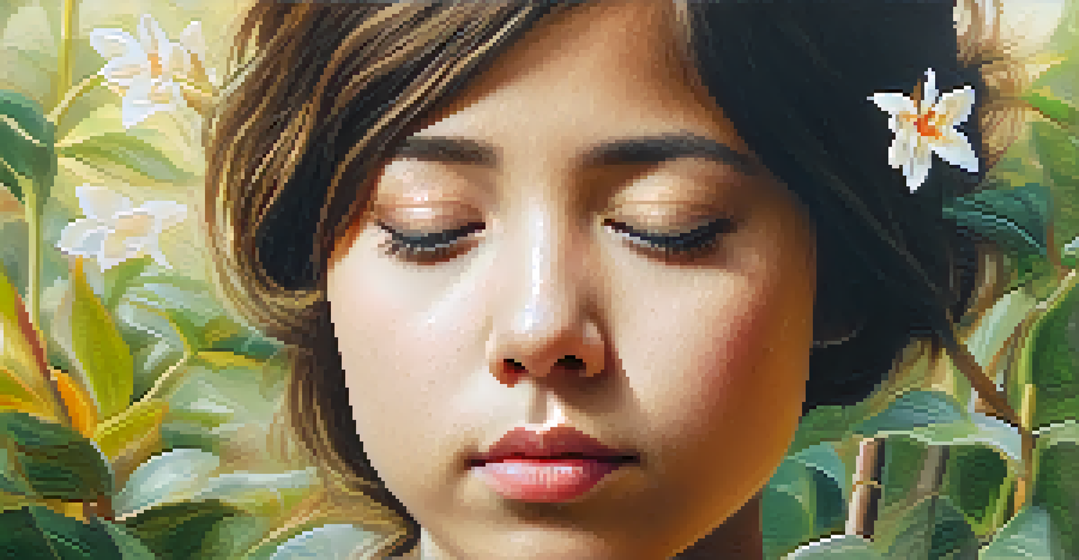 A close-up of a calm person's face while meditating in nature.