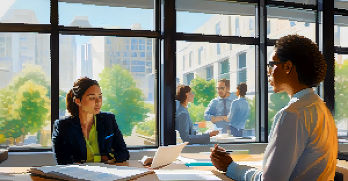 Two colleagues in an office having a constructive conversation, one listening attentively and the other sharing thoughts, with natural light illuminating the scene.