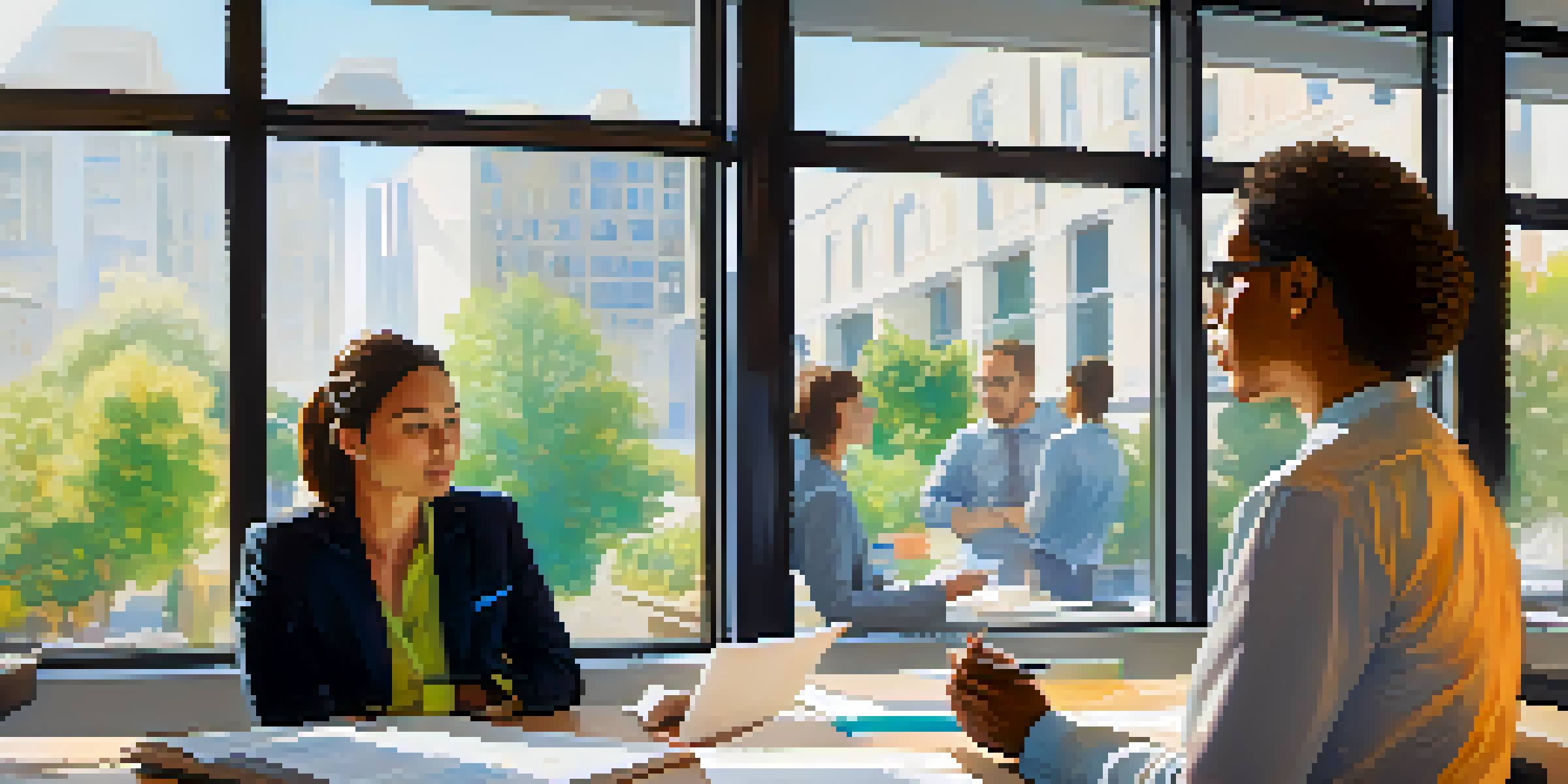 Two colleagues in an office having a constructive conversation, one listening attentively and the other sharing thoughts, with natural light illuminating the scene.