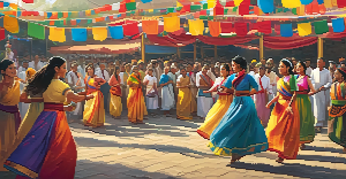 A lively cultural festival with people in traditional outfits dancing, colorful banners, food stalls, and musicians performing on stage under warm sunlight.