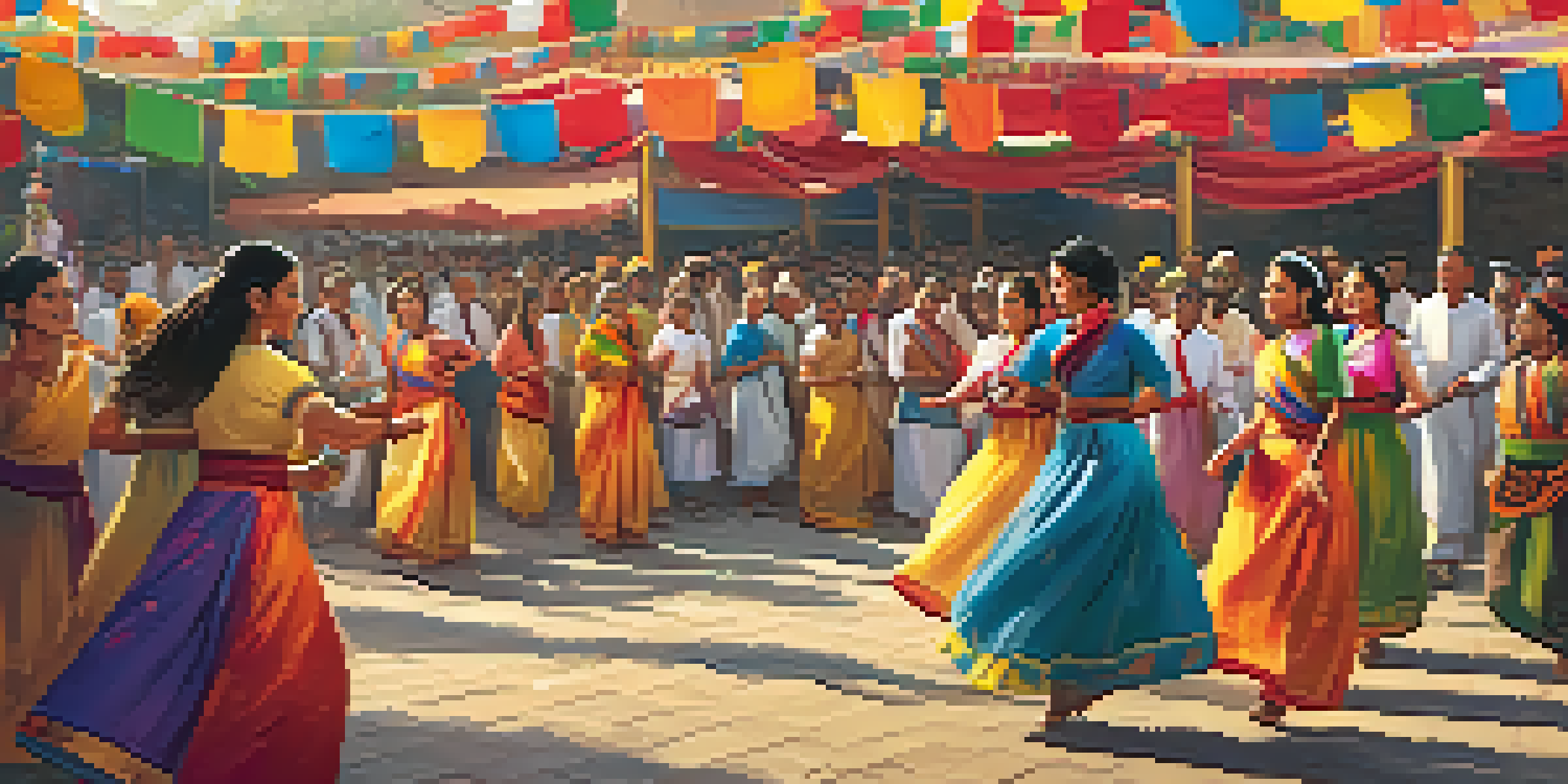 A lively cultural festival with people in traditional outfits dancing, colorful banners, food stalls, and musicians performing on stage under warm sunlight.