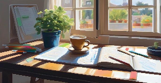 A cozy study space with a wooden desk filled with colorful mind maps, traditional notes, a potted plant, and a cup of coffee, illuminated by sunlight.