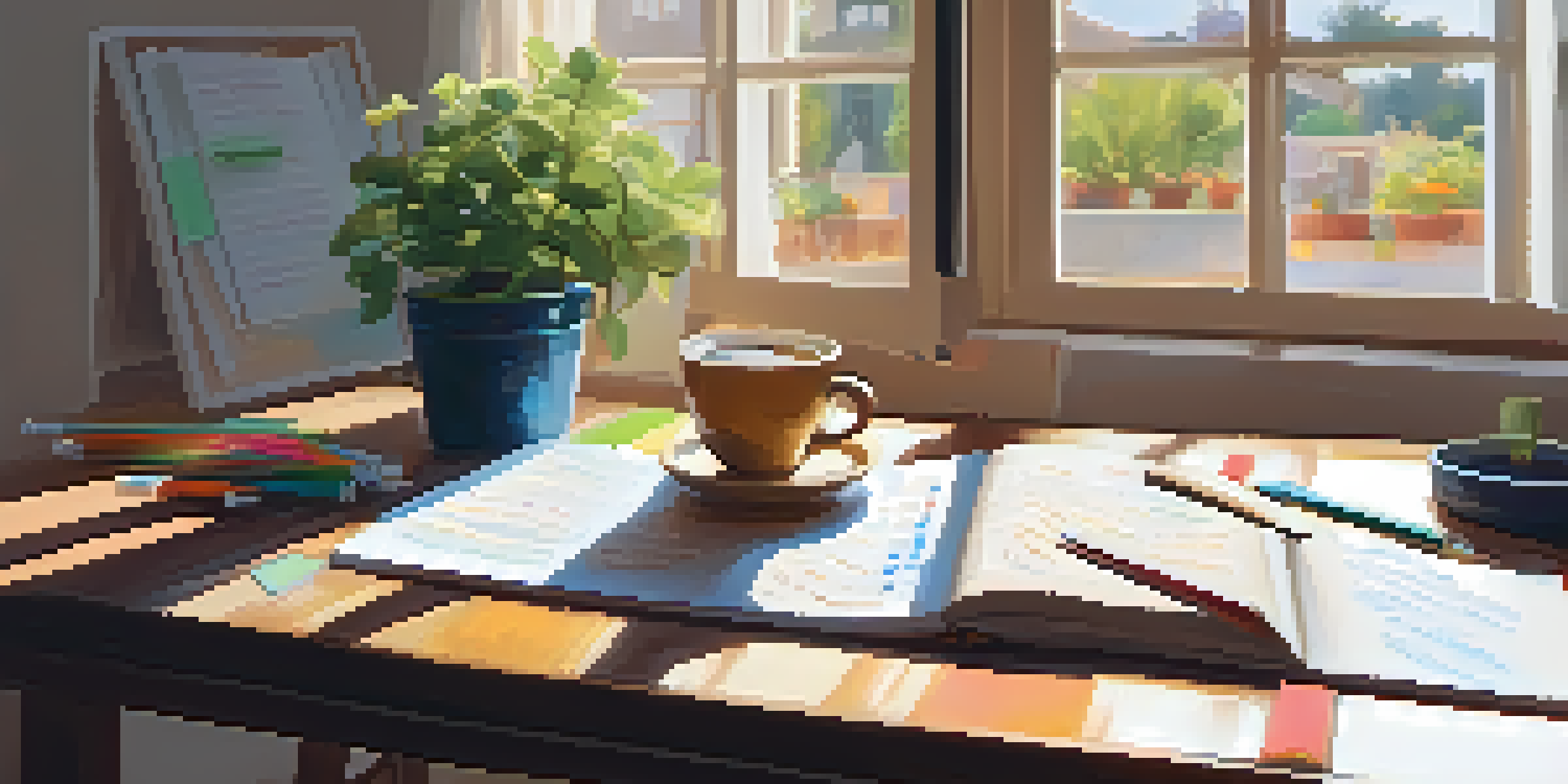 A cozy study space with a wooden desk filled with colorful mind maps, traditional notes, a potted plant, and a cup of coffee, illuminated by sunlight.