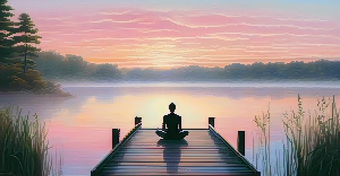 A peaceful scene of a person meditating on a dock at sunrise, with a misty lake and colorful sky in the background.