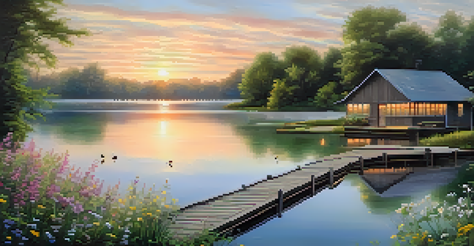 A peaceful sunrise over a calm lake with a wooden dock and lush greenery.