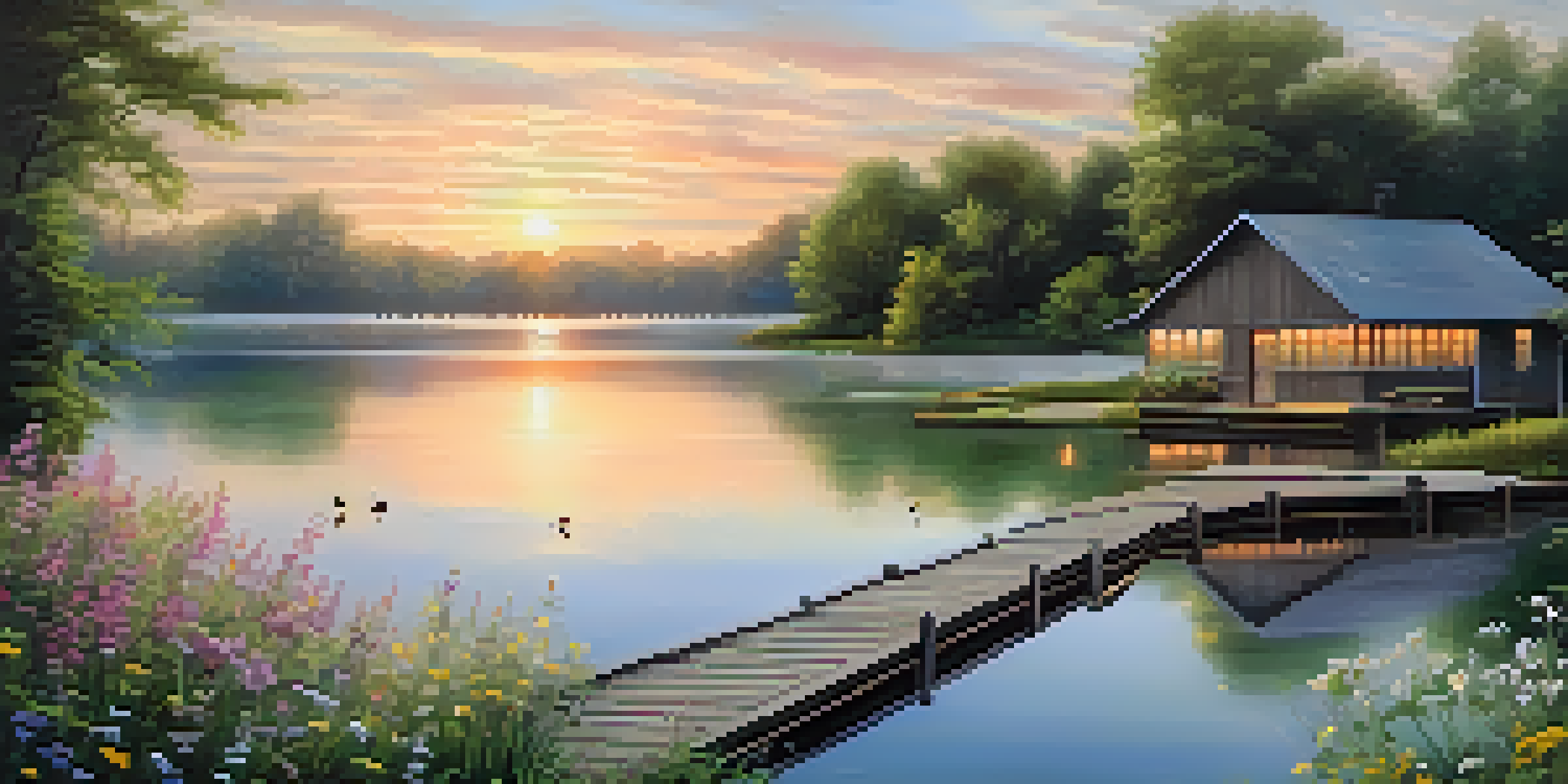 A peaceful sunrise over a calm lake with a wooden dock and lush greenery.