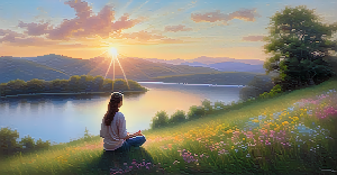 A person meditating on a grassy hill at sunrise, surrounded by wildflowers and a tranquil lake reflecting soft colors.