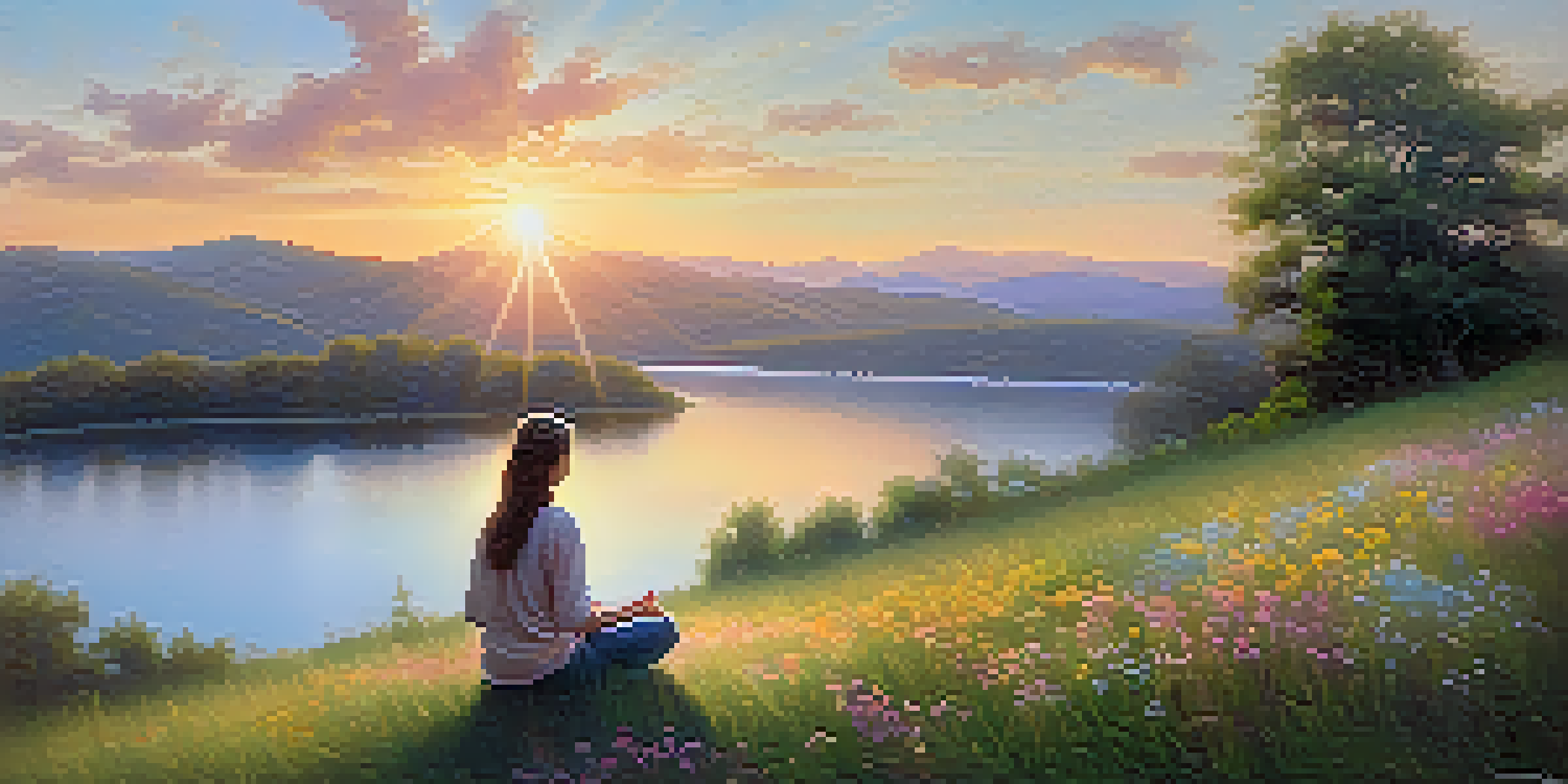 A person meditating on a grassy hill at sunrise, surrounded by wildflowers and a tranquil lake reflecting soft colors.