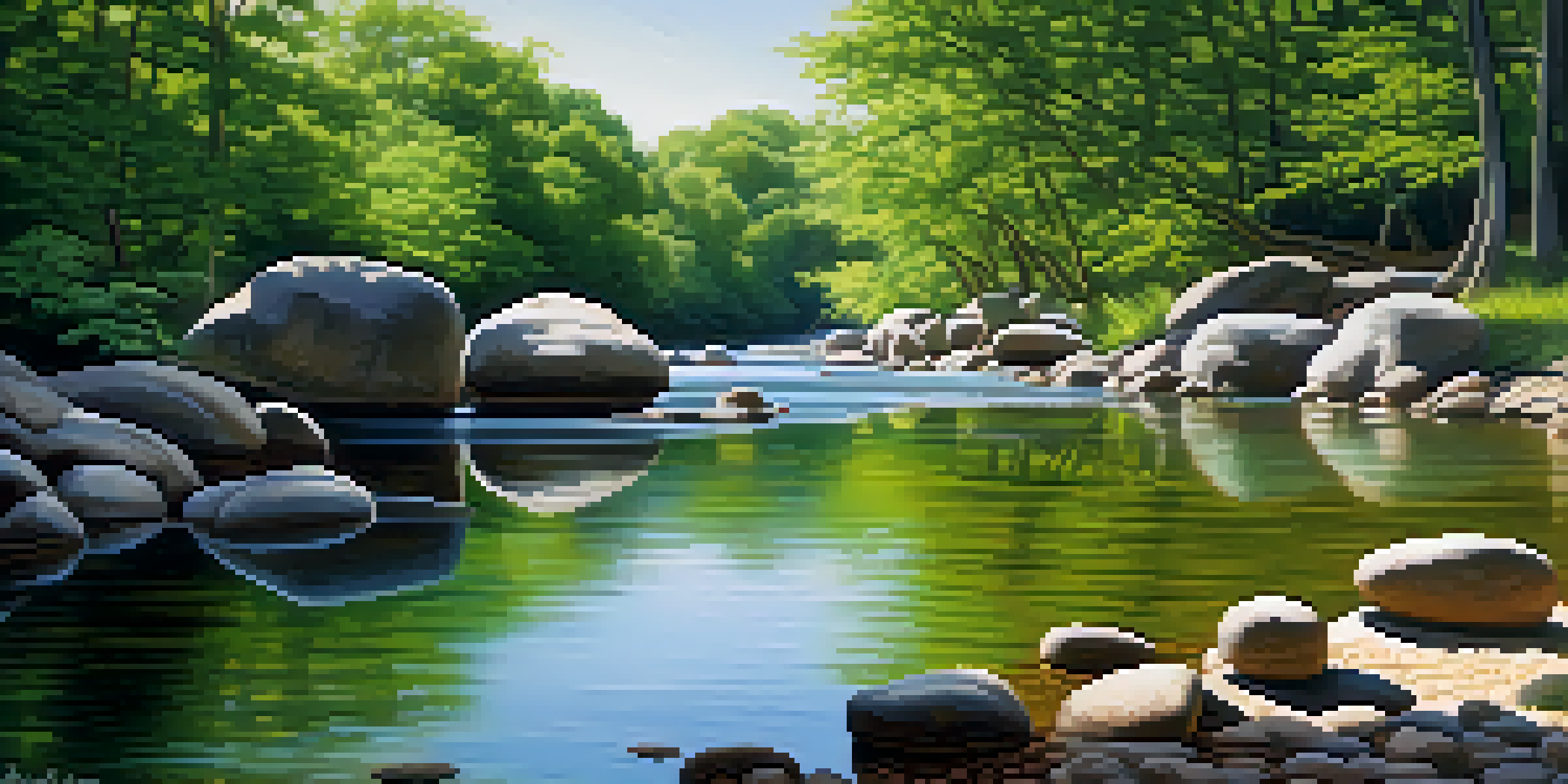 A tranquil river flowing around smooth stones, surrounded by green trees and sunlight filtering through the leaves.