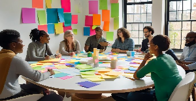 A diverse group of people discussing at a round table, with colorful notes and laptops in a well-lit room.