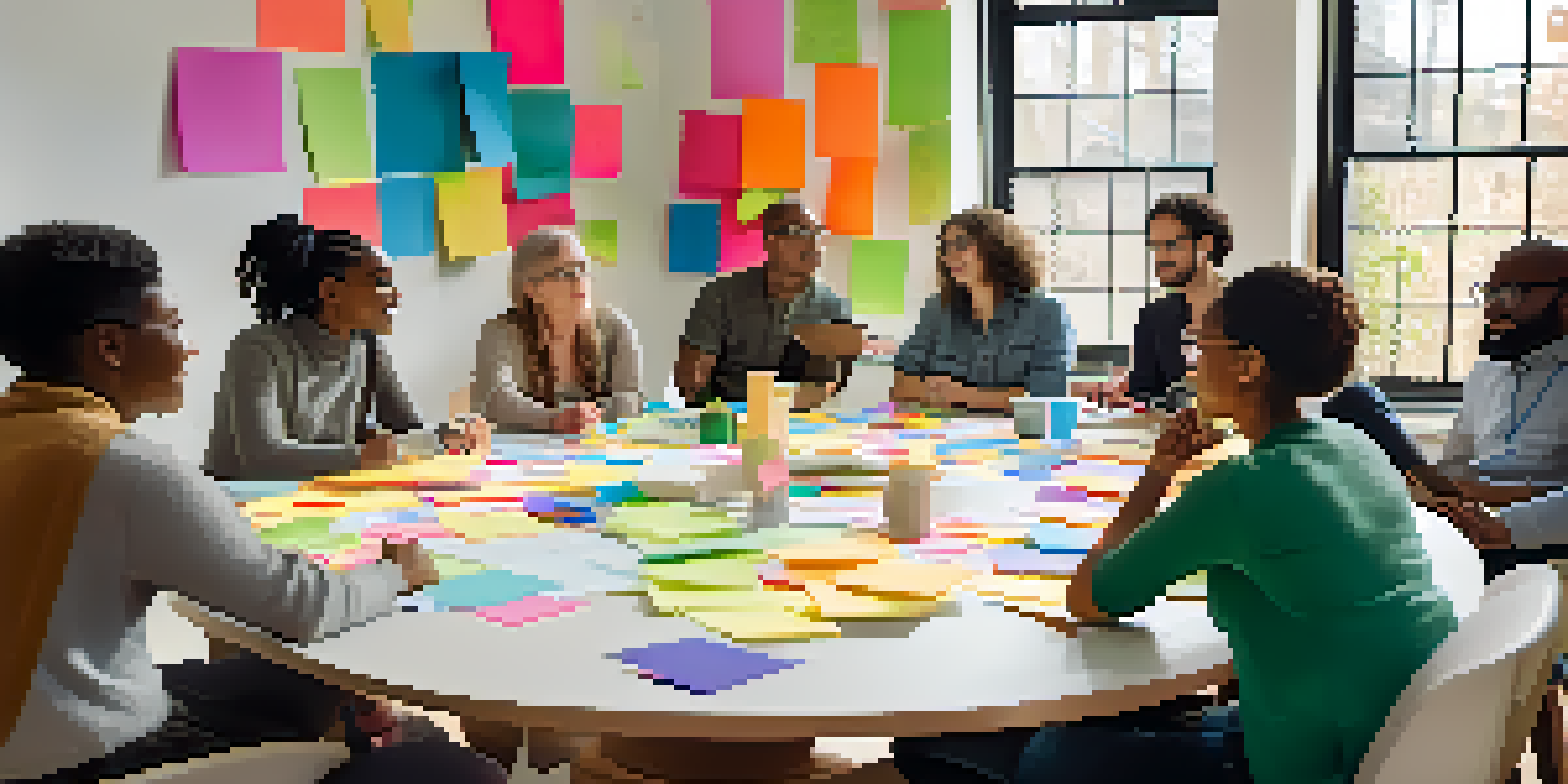 A diverse group of people discussing at a round table, with colorful notes and laptops in a well-lit room.
