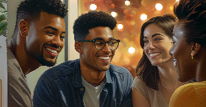 A diverse group of people having a conversation with expressive facial expressions, illuminated by warm lighting.