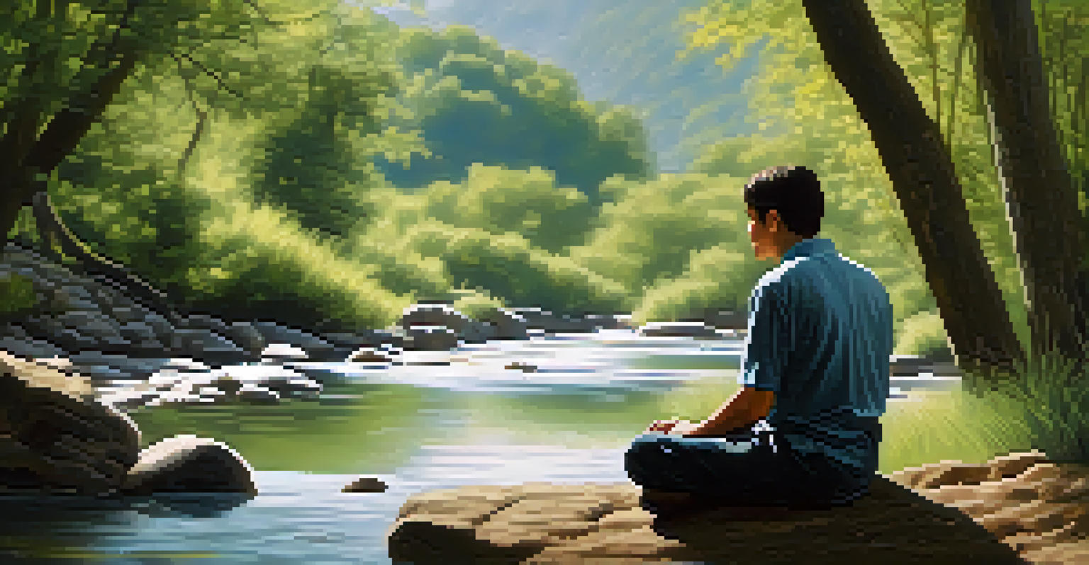A person visualizing success while sitting cross-legged in a tranquil natural setting, with trees and a stream in the background.