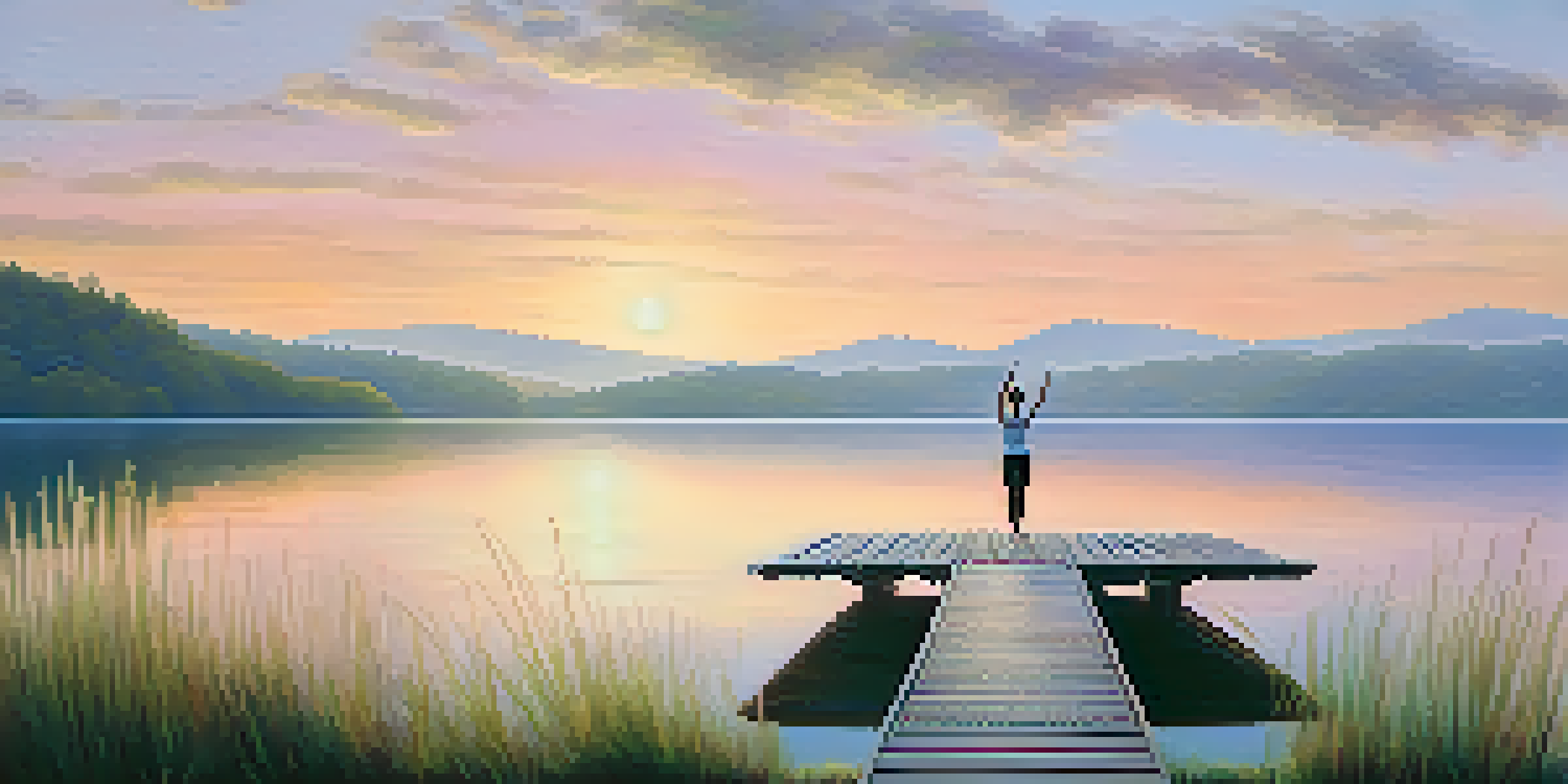 A peaceful sunrise landscape with a calm lake, green hills, and a person practicing yoga on a dock.