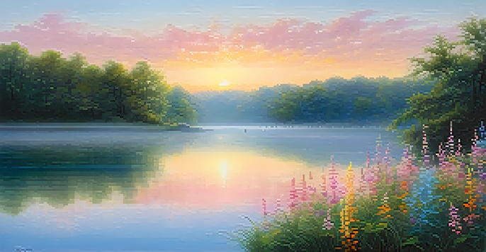 A tranquil lake at sunrise with mist, surrounded by trees and blooming wildflowers.