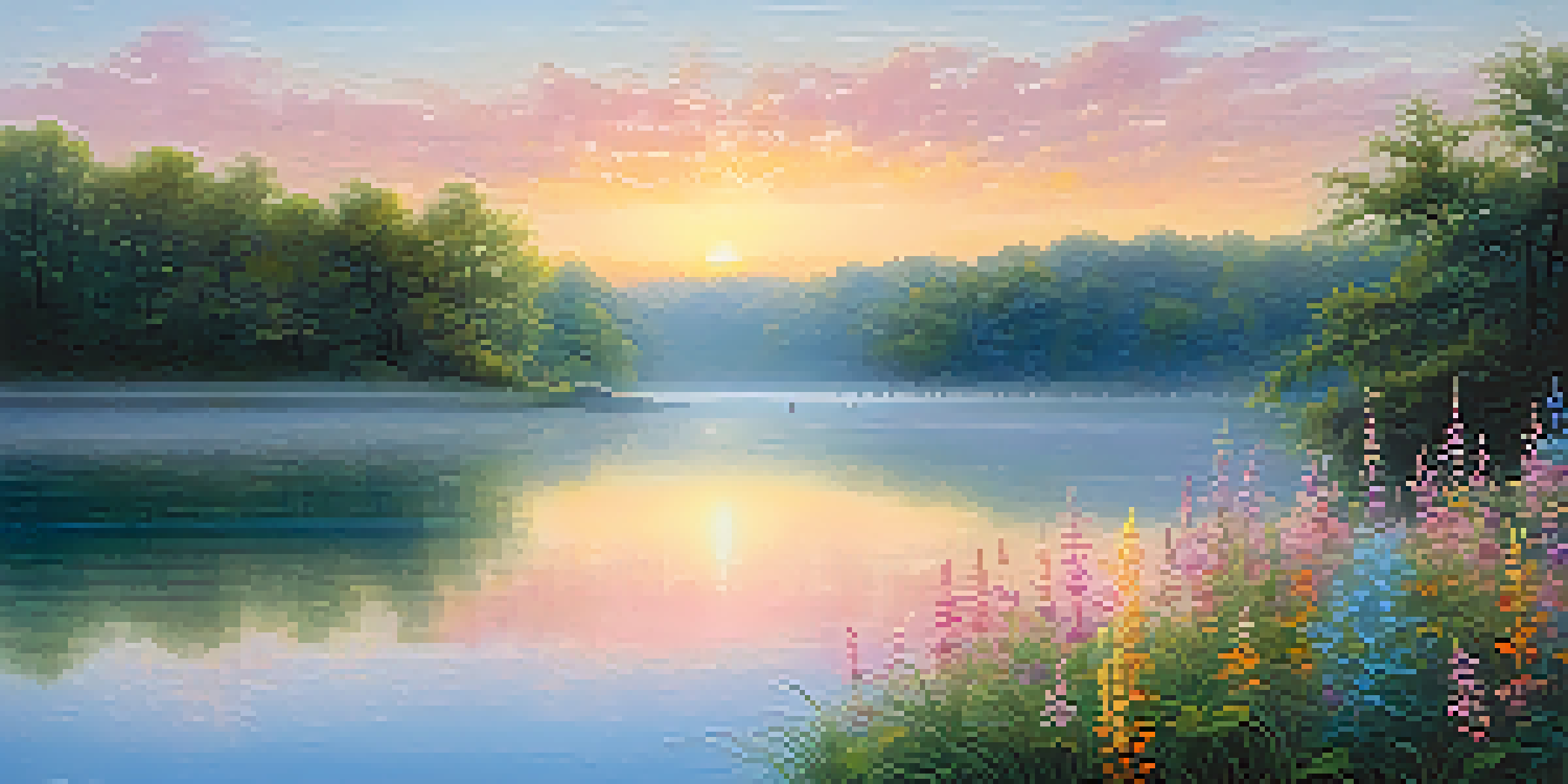 A tranquil lake at sunrise with mist, surrounded by trees and blooming wildflowers.