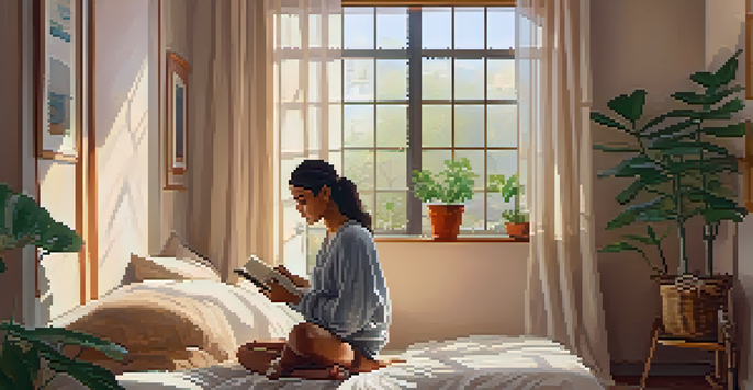 A woman writing affirmations in a cozy bedroom filled with plants and natural light.