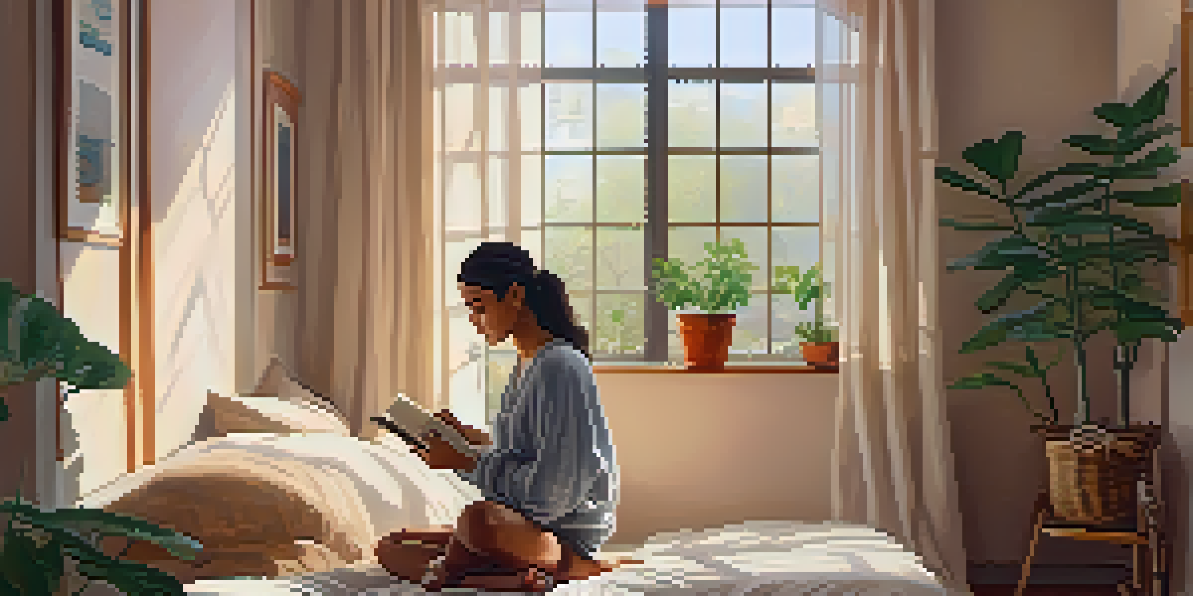 A woman writing affirmations in a cozy bedroom filled with plants and natural light.