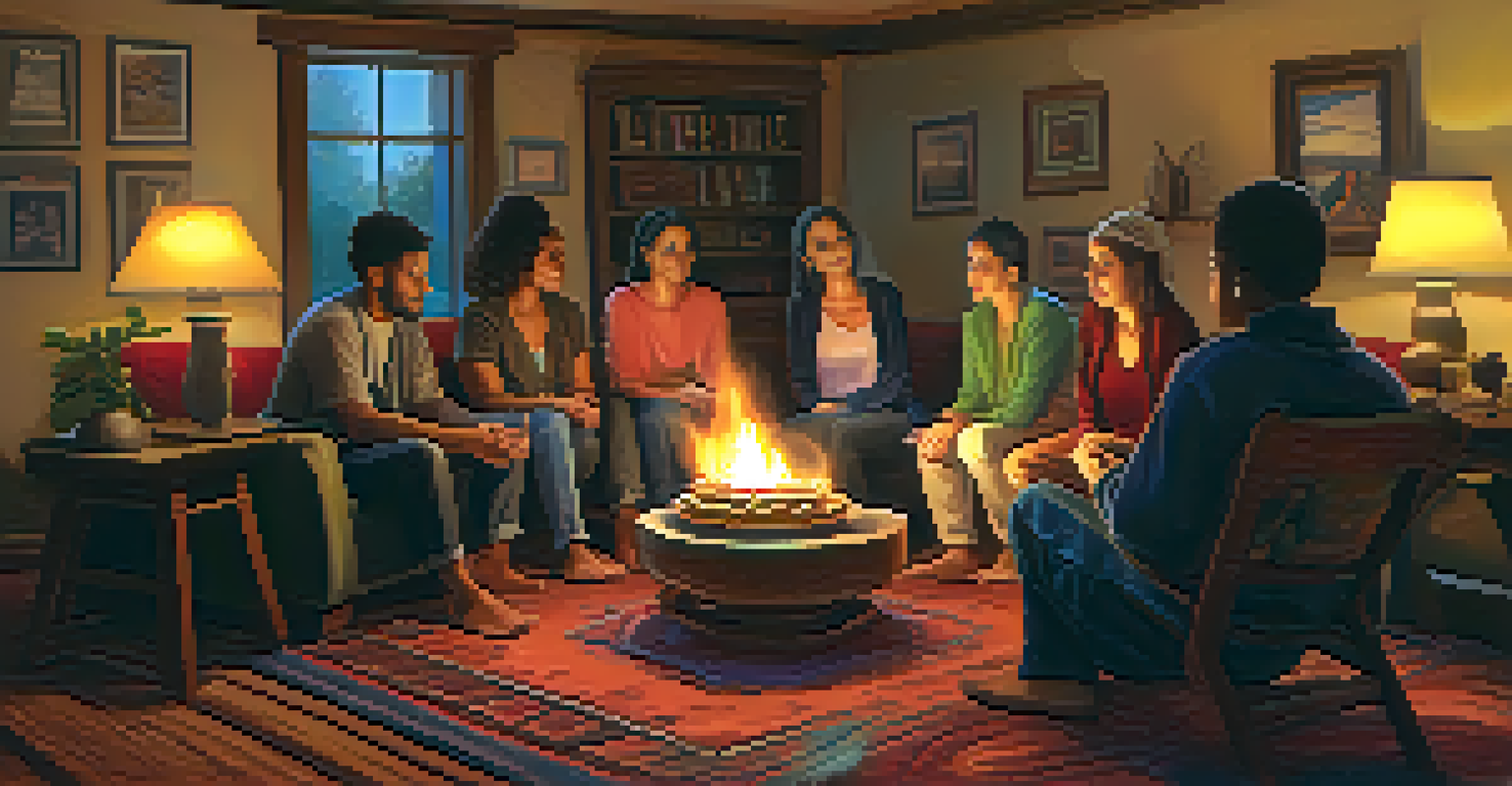 A diverse group of people engaged in a reflective discussion in a cozy, warmly lit room.