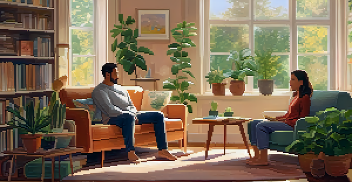 A family in a cozy living room, engaged in active listening with warm colors and soft lighting.