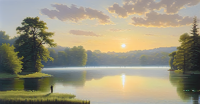 A person standing at the edge of a calm lake during sunrise, surrounded by trees, reflecting on their goals.
