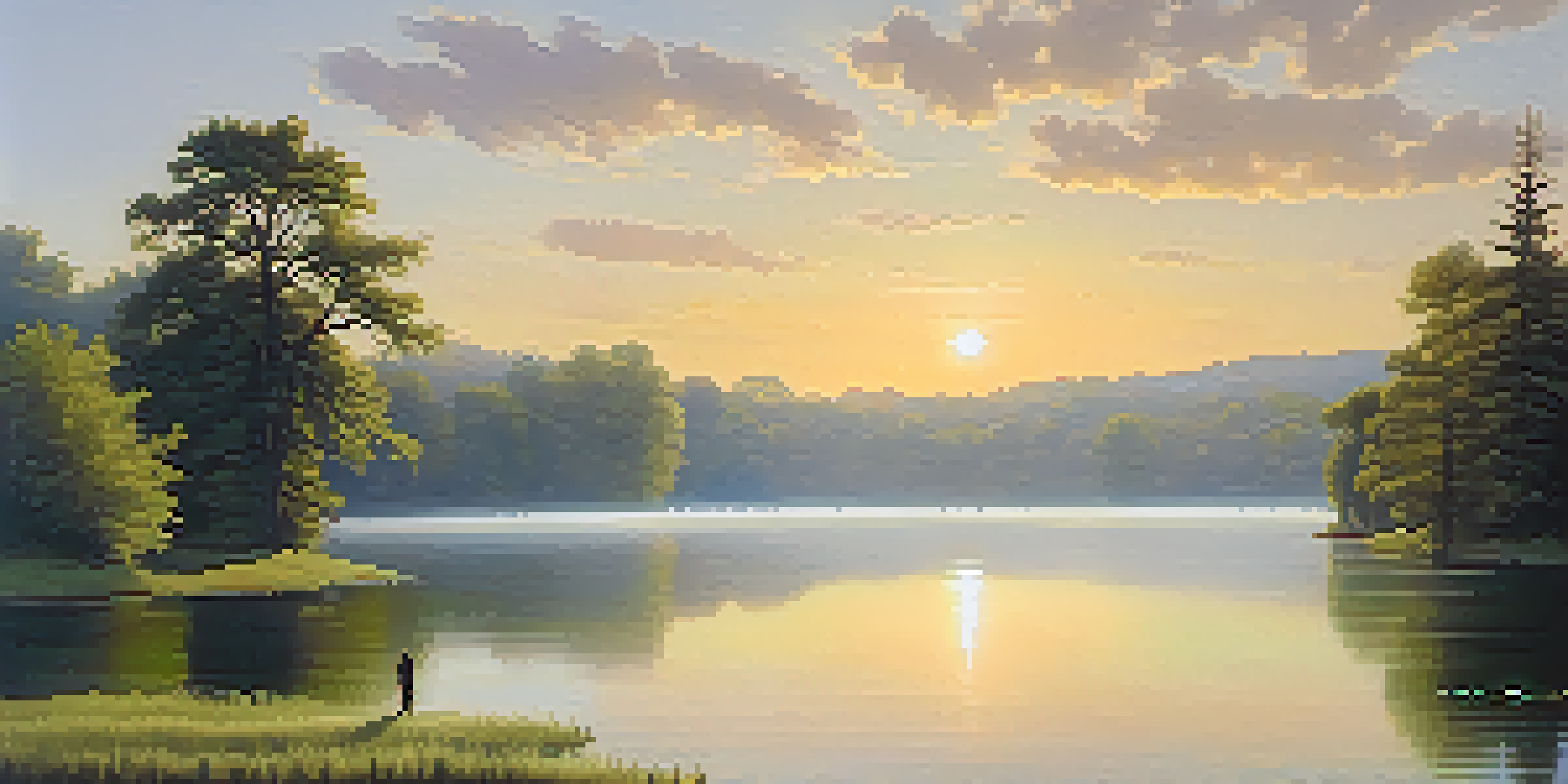 A person standing at the edge of a calm lake during sunrise, surrounded by trees, reflecting on their goals.