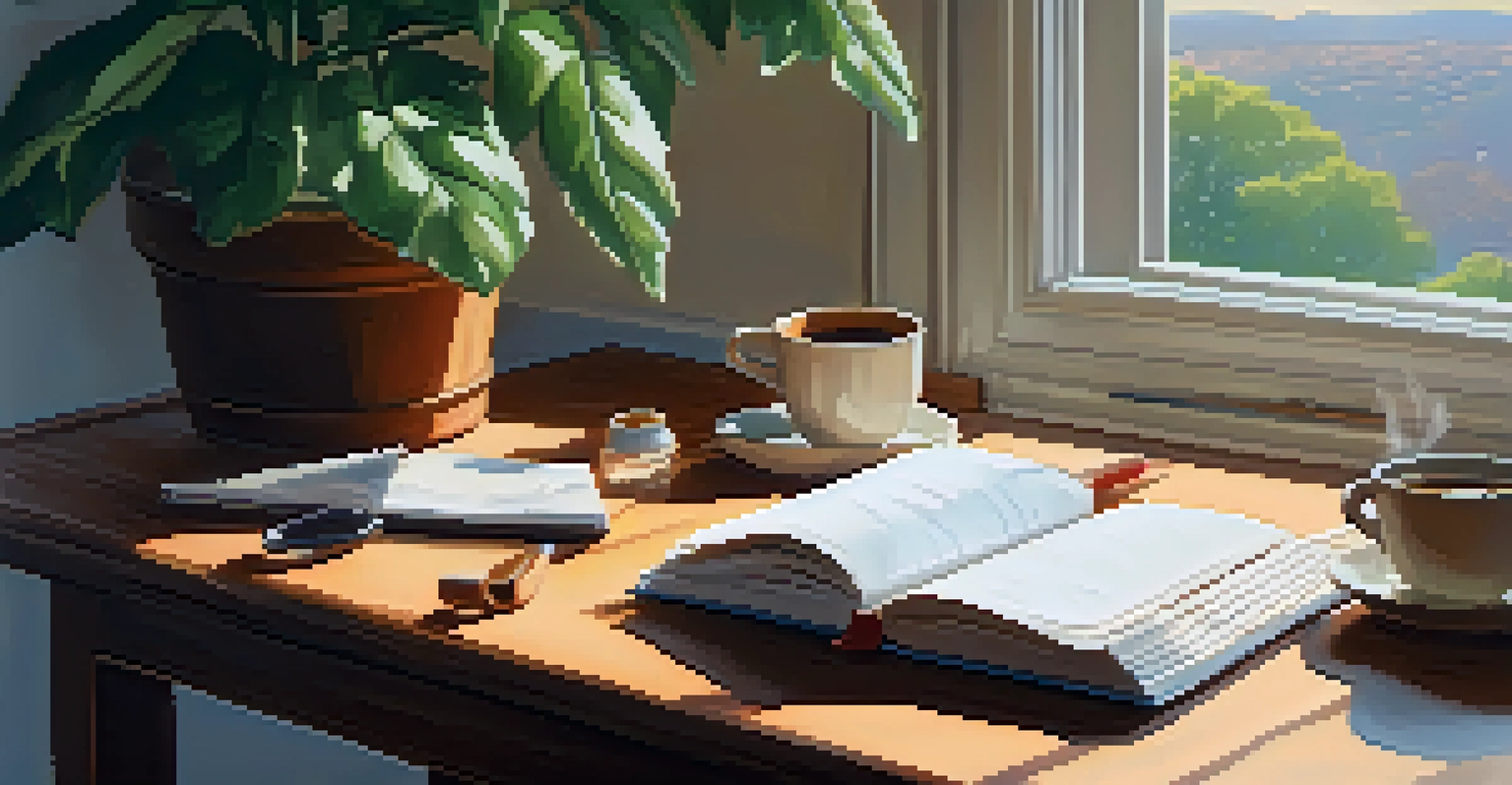 A warm and inviting workspace with a desk, notebook, coffee cup, and plant, illuminated by natural light.