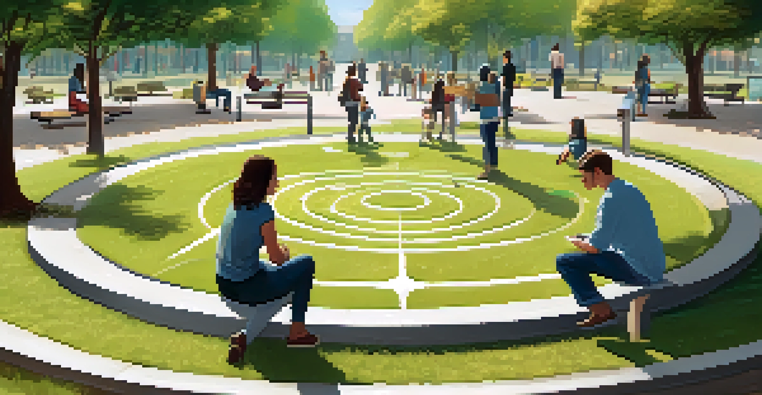 An illustration depicting personal space zones around people in a park, emphasizing different levels of social interaction.