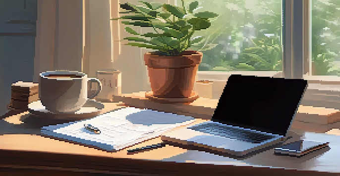 A well-organized workspace with a laptop, notepad, coffee cup, and a potted plant in soft morning light.