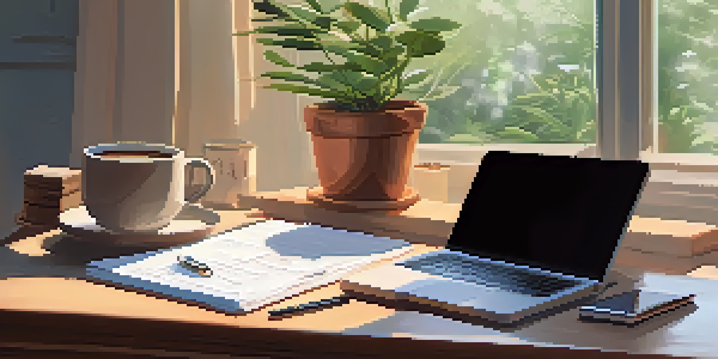 A well-organized workspace with a laptop, notepad, coffee cup, and a potted plant in soft morning light.