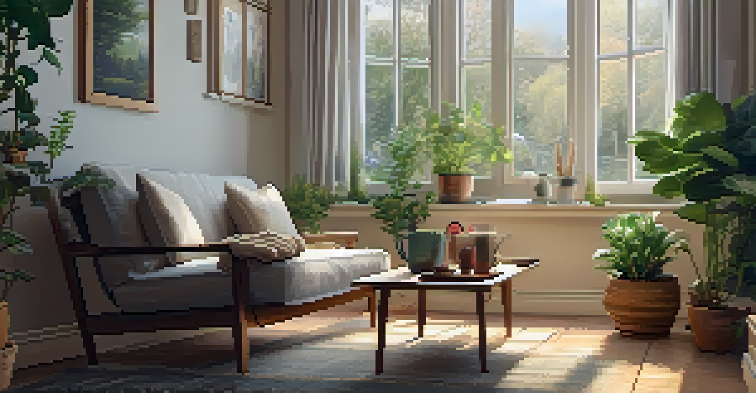 A person enjoying self-care by reading a book in a cozy chair with a cup of tea and houseplants around.