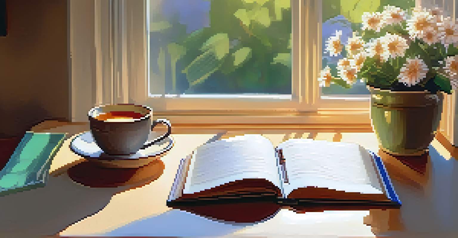 A cozy workspace with an open gratitude journal, a steaming cup of tea, and a view of a blooming garden through the window.