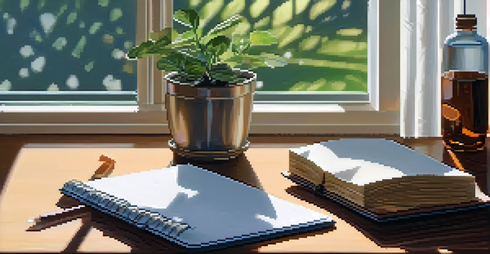 A glass of water on a wooden table with sunlight streaming through a window, accompanied by a small plant and an open notebook with a pen.