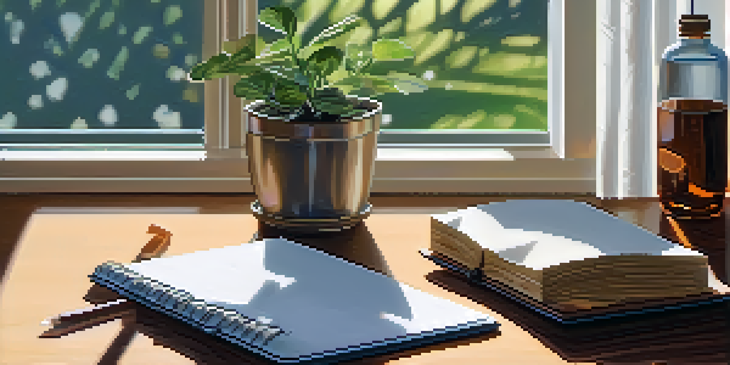 A glass of water on a wooden table with sunlight streaming through a window, accompanied by a small plant and an open notebook with a pen.