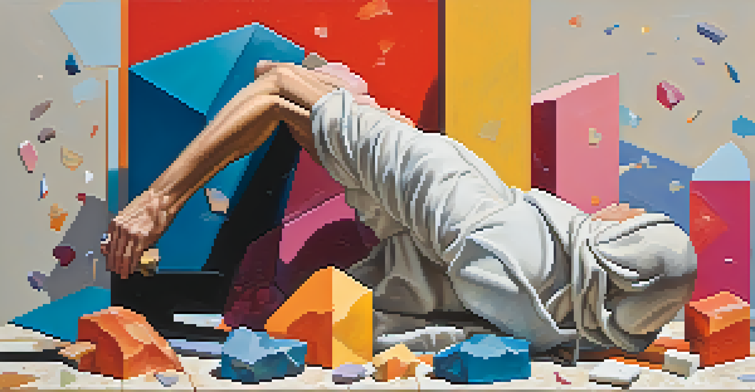 A sculptor chiseling a block of marble, with colorful fragments flying around, representing the transformation of failure into creativity.