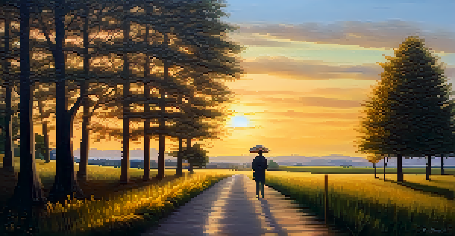 A person walking on a path in nature, reflecting on life goals during sunset.
