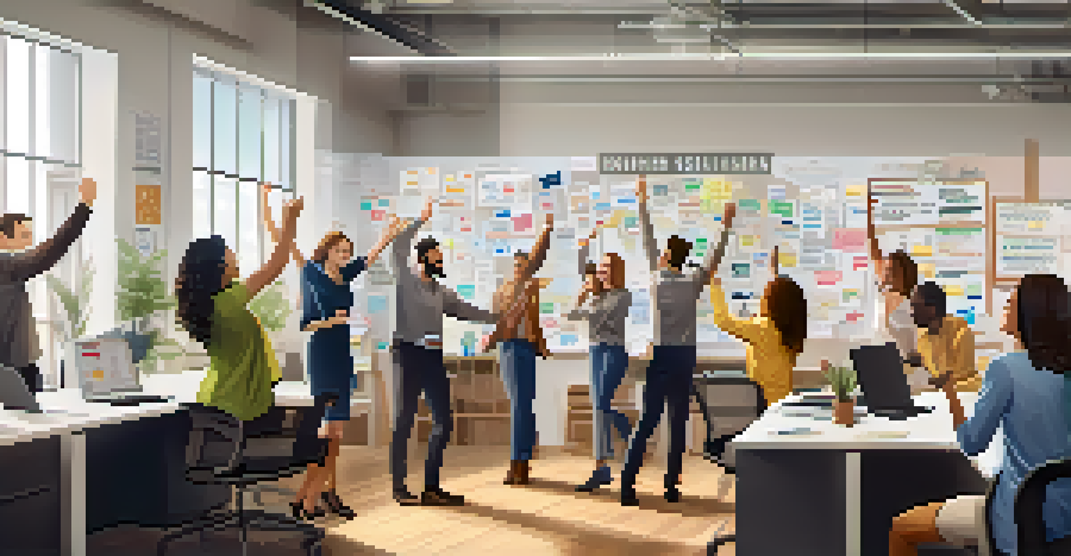 Employees celebrating success in a vibrant office, surrounded by motivational posters.