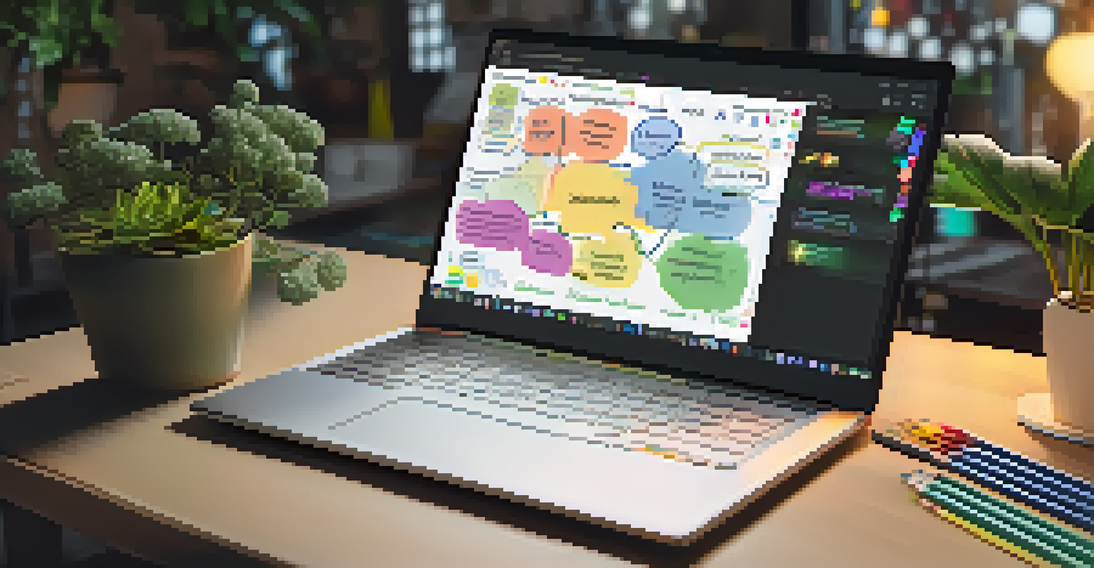 A laptop screen showing a digital mind mapping tool with a colorful mind map, set on a modern desk with plants and stationery.