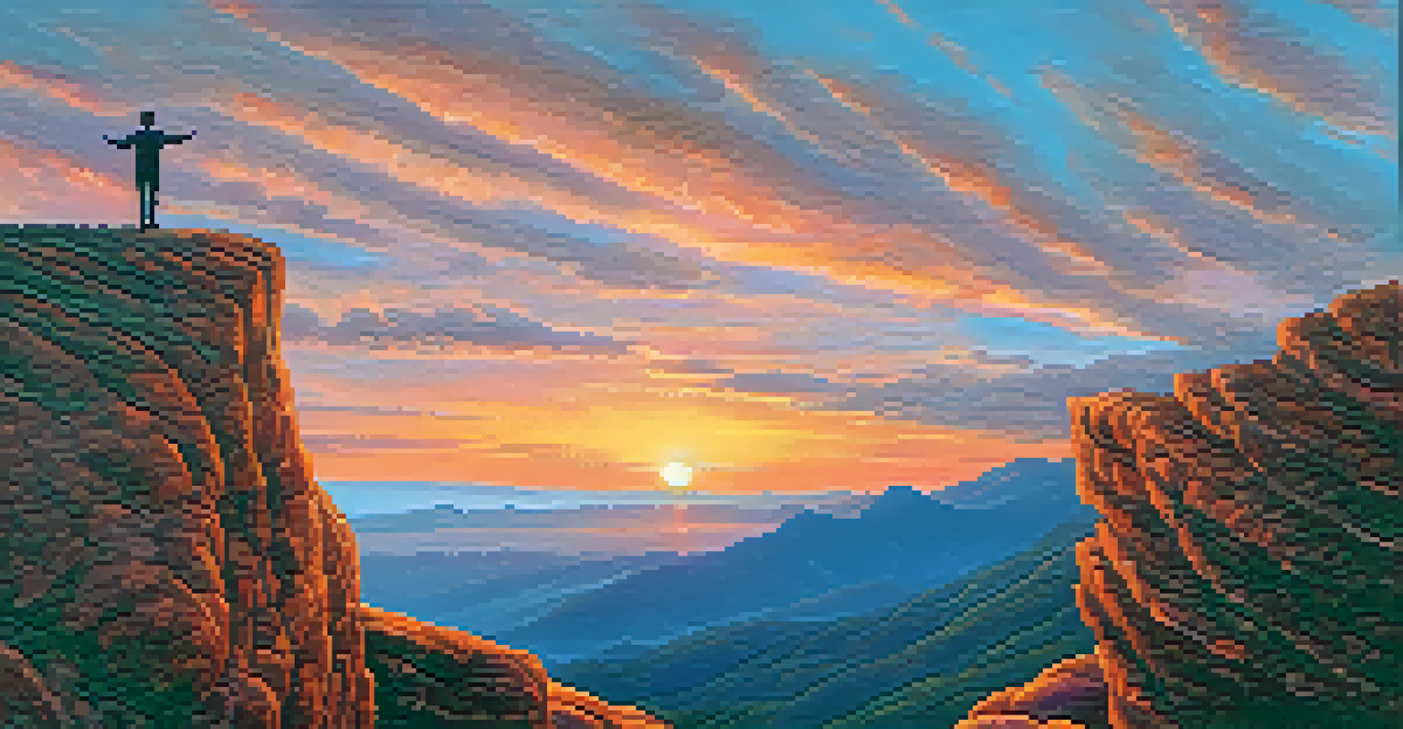 A person on a cliff at sunrise, arms outstretched towards a colorful sky, symbolizing hope.