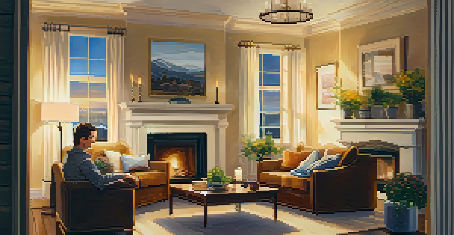 Two friends sharing thank-you notes in a cozy living room with a fireplace.