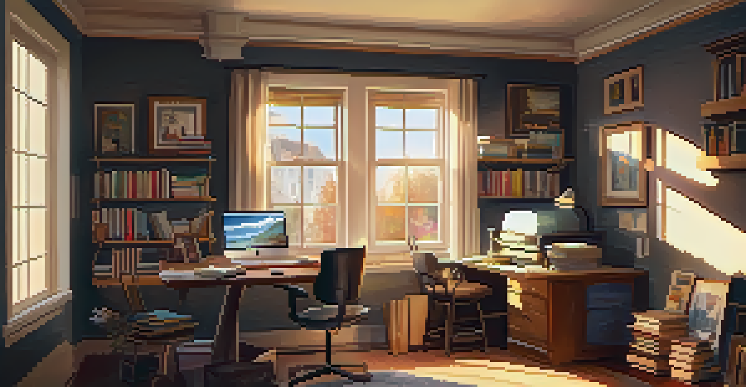 A cozy home office with a desk full of books and a laptop, with sunlight streaming through the window, indicating an inviting learning environment.