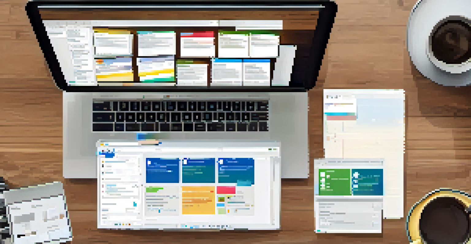 An overhead view of two laptops showing collaborative project management tools, with a coffee mug and pen on a desk.