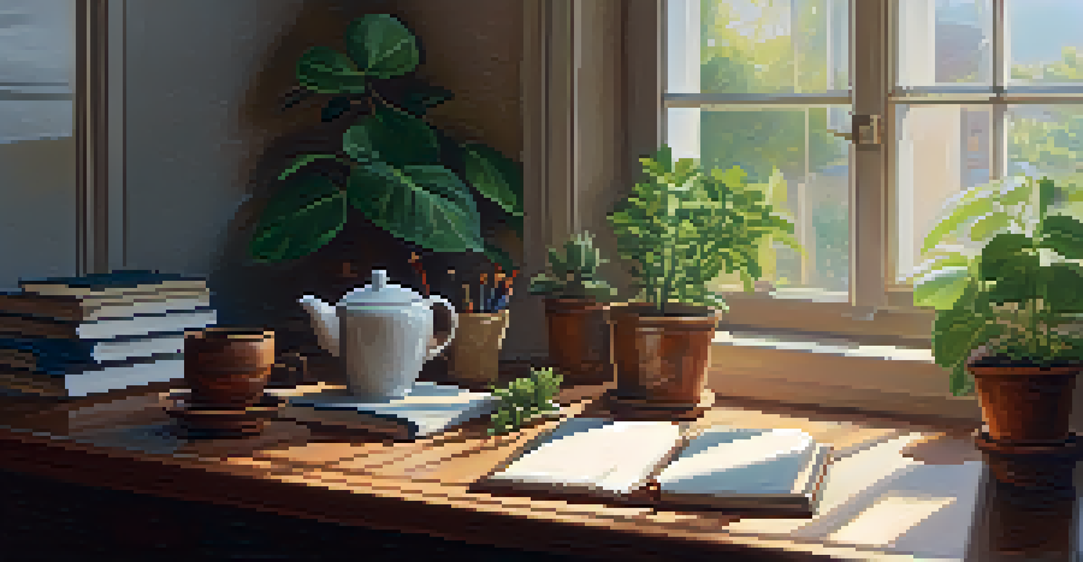 A cozy workspace with a wooden desk, an open journal, a cup of herbal tea, and a potted plant, bathed in natural light.