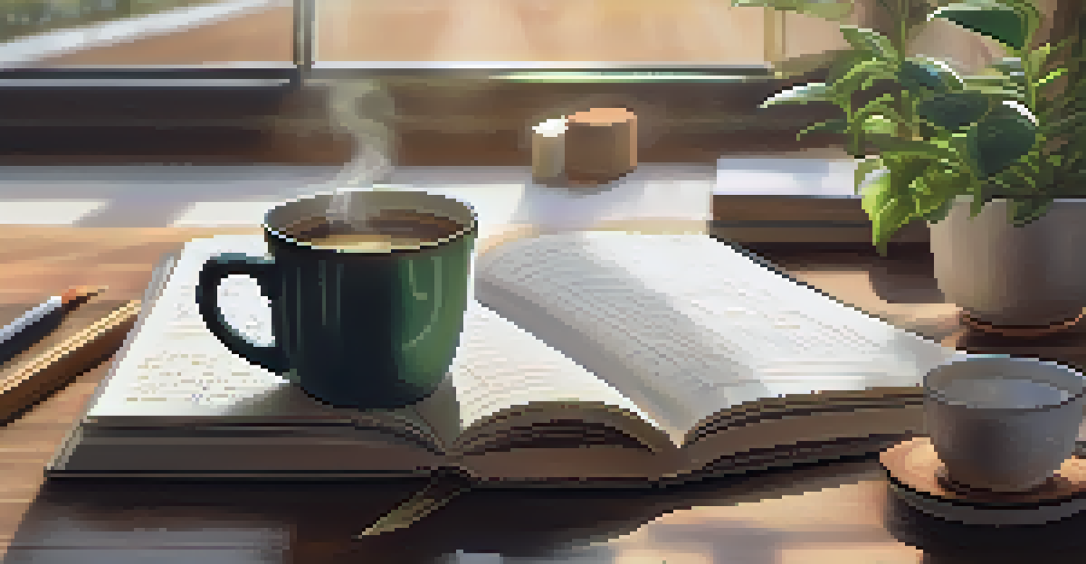 An open notebook with written goals next to a cup of coffee and a potted plant, illuminated by natural light.