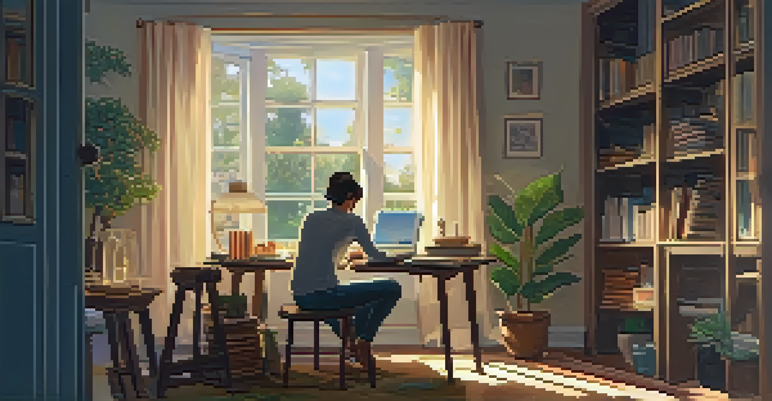 A person writing in a journal at a cozy desk, surrounded by personal items in a softly lit room with a garden view.