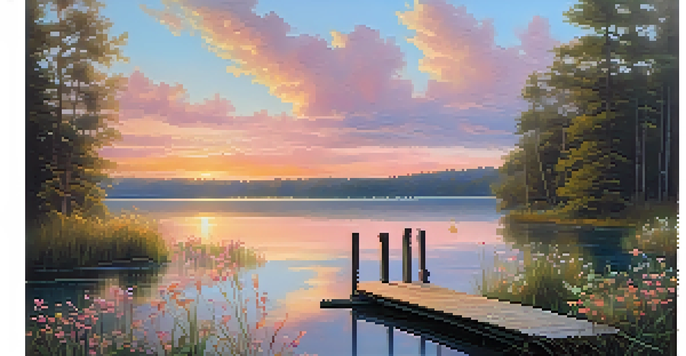 A peaceful sunrise over a calm lake with a wooden dock and vibrant wildflowers.