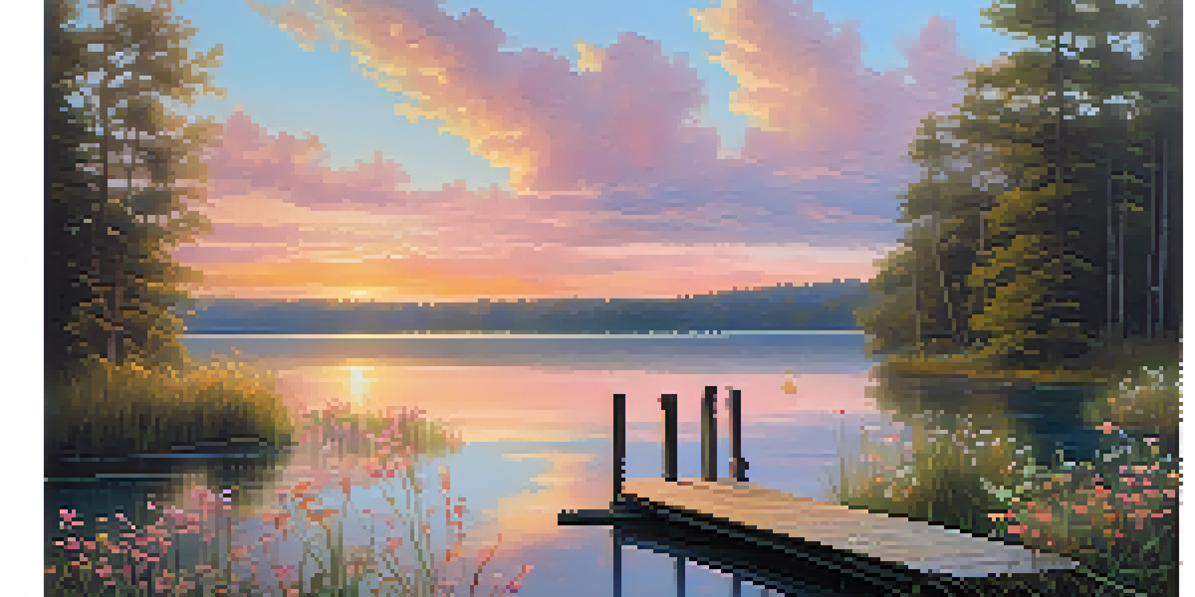 A peaceful sunrise over a calm lake with a wooden dock and vibrant wildflowers.